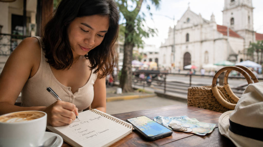 Cebu City travel budget planning with cash, phone, and trip notes