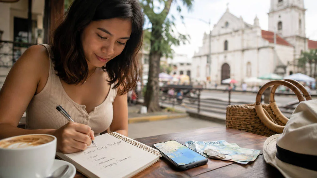 Cebu City travel budget planning with cash, phone, and trip notes