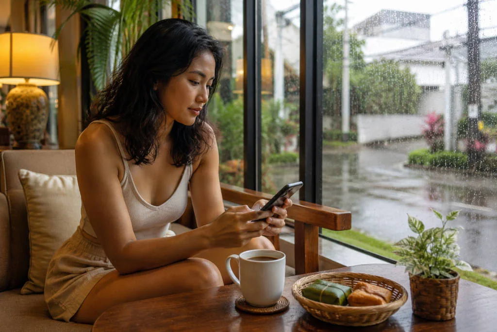 Checking Puerto Princesa rainy day plans before leaving the hotel