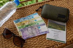 Small peso bills prepared for Chocolate Hills entrance fee and travel costs