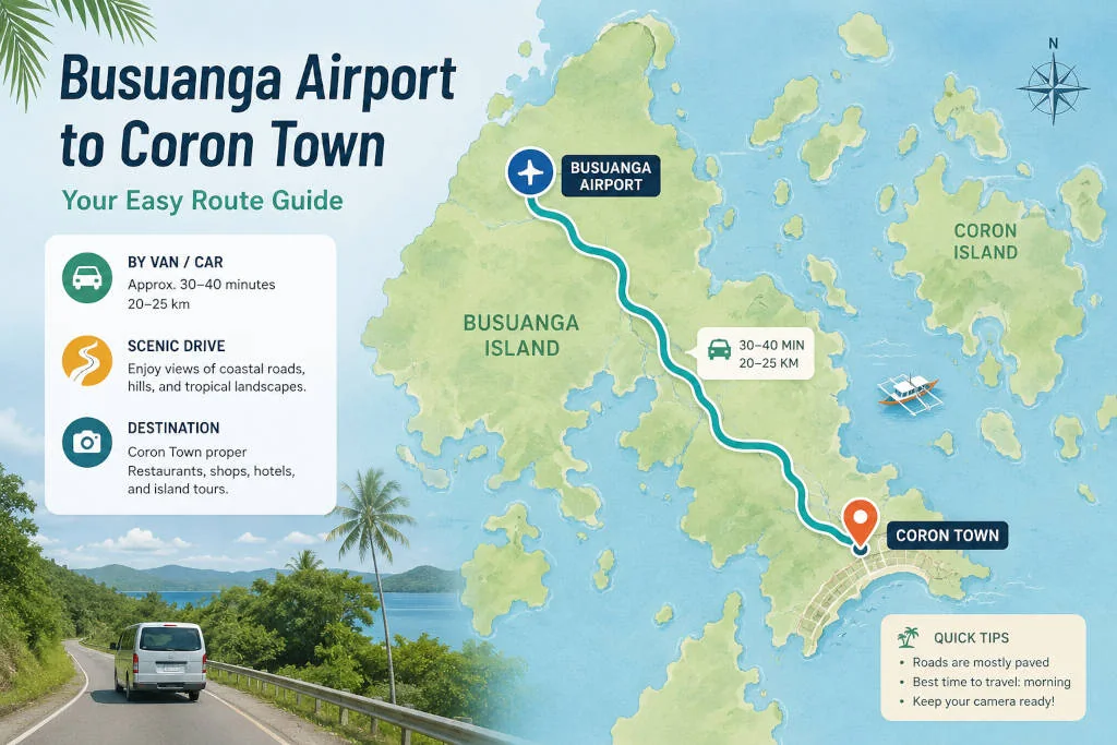 Route overview for a Coron Airport to Town transfer