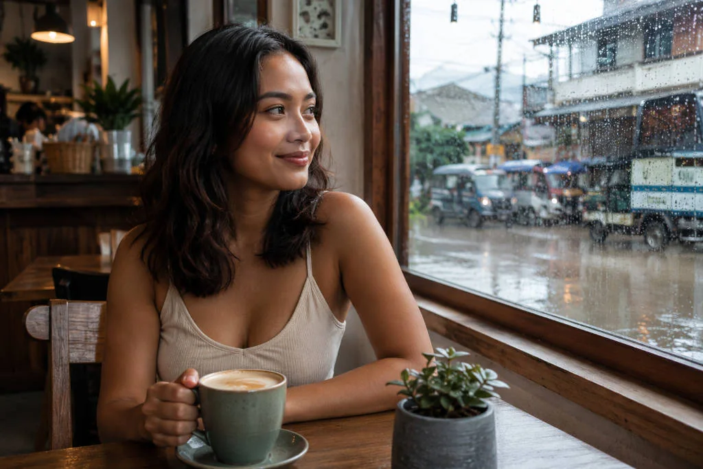 Mika smiling during a calm coron rainy day café stop