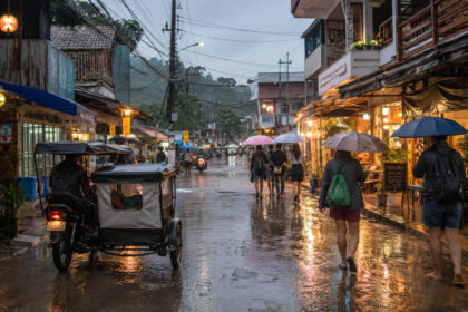 Coron rainy day in Coron Town Proper with tricycle and travelers planning indoor stops