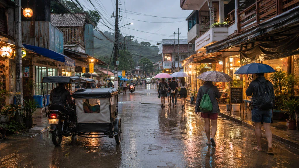 Coron rainy day in Coron Town Proper with tricycle and travelers planning indoor stops