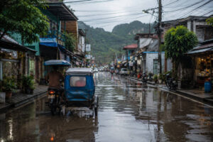 Tricycle transport during a coron rainy day in wet weather