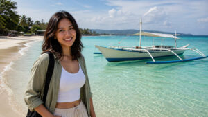 Boat near Boracay shoreline for easy day trips from Boracay