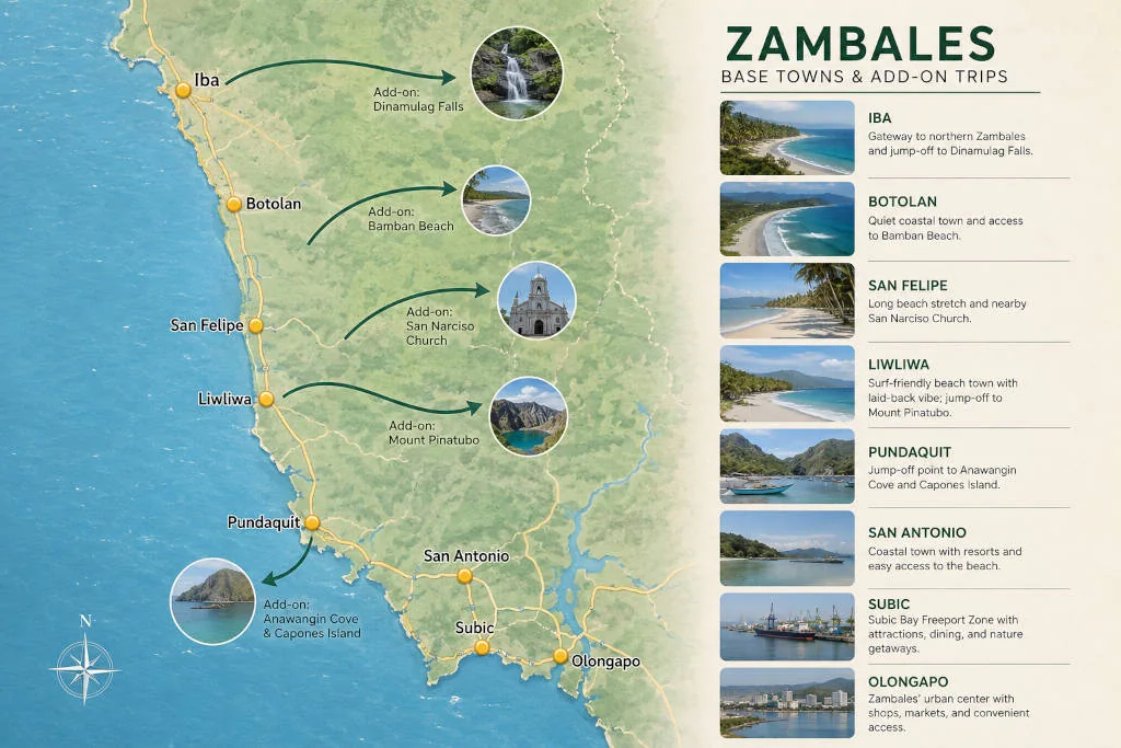Simple map for day trips from Zambales by base town