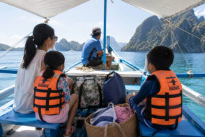 El Nido with kids island hopping boat setup with life jackets for families