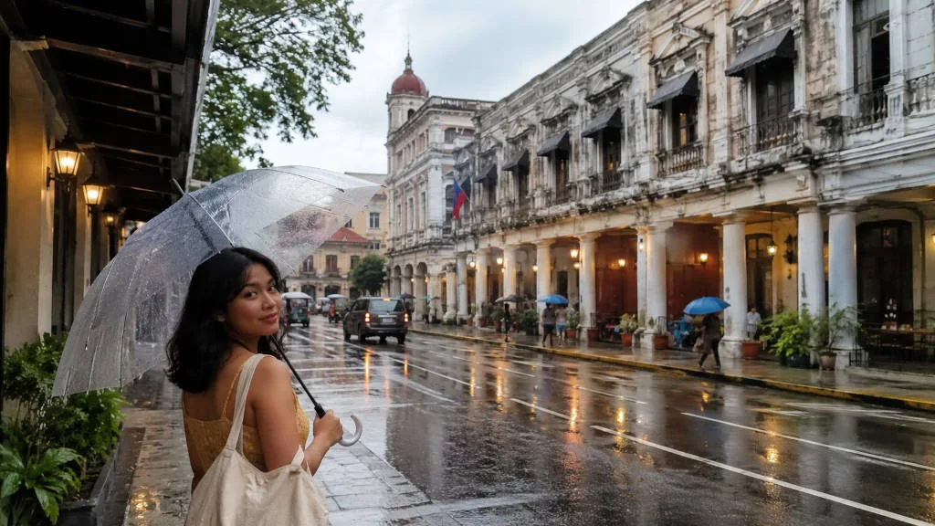 Iloilo City rainy season travel mood with umbrellas and wet heritage streets
