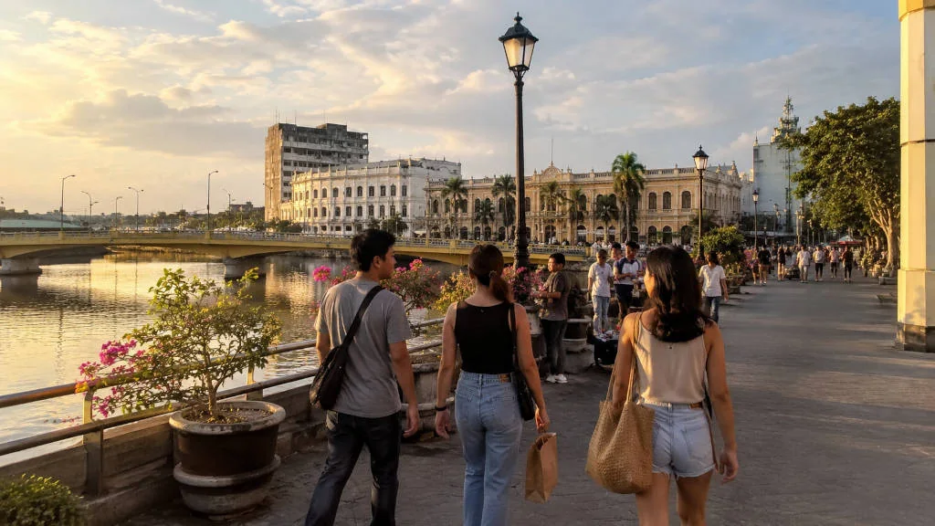 Travelers walking along Iloilo River Esplanade for Iloilo City travel tips