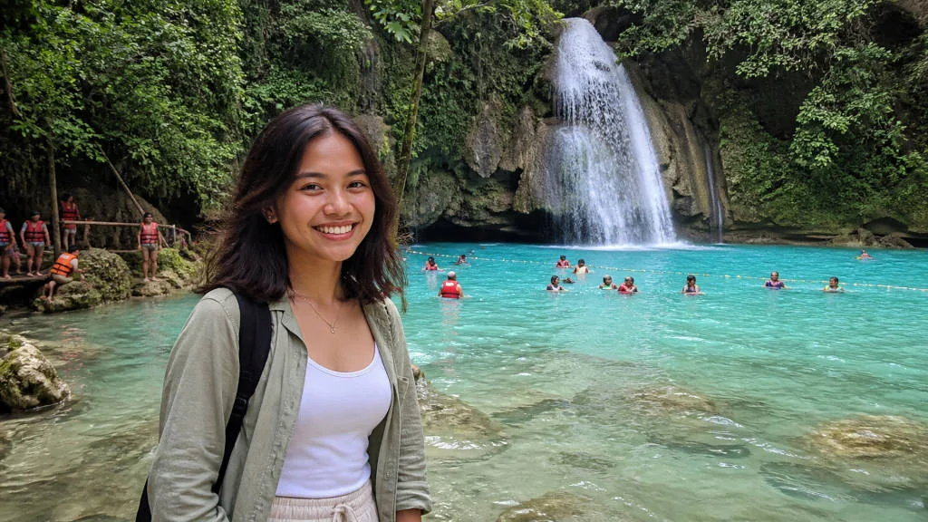 Kawasan Falls in Badian Cebu with turquoise water and green surroundings