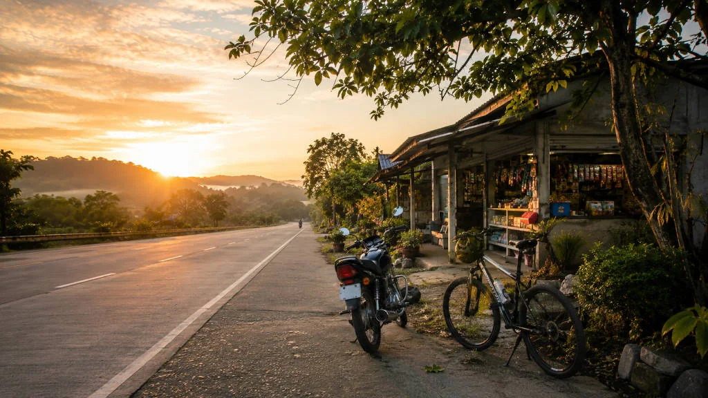 Small motorcycle and bicycle prepared for the Manila to Baler motorcycle route at sunrise