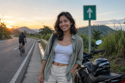 Cyclist and sub-400cc motorcycle preparing for a Manila to La Union no expressway route.