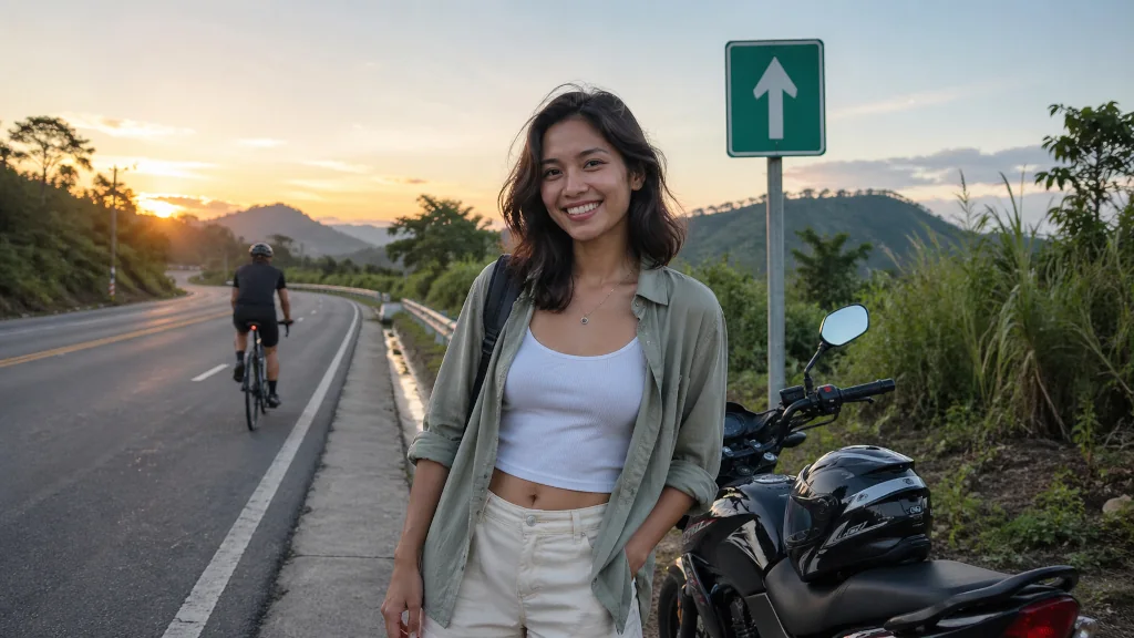Cyclist and sub-400cc motorcycle preparing for a Manila to La Union no expressway route.