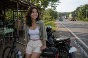 Mika Santos smiling during a safe rest stop on a Manila to La Union no expressway route.