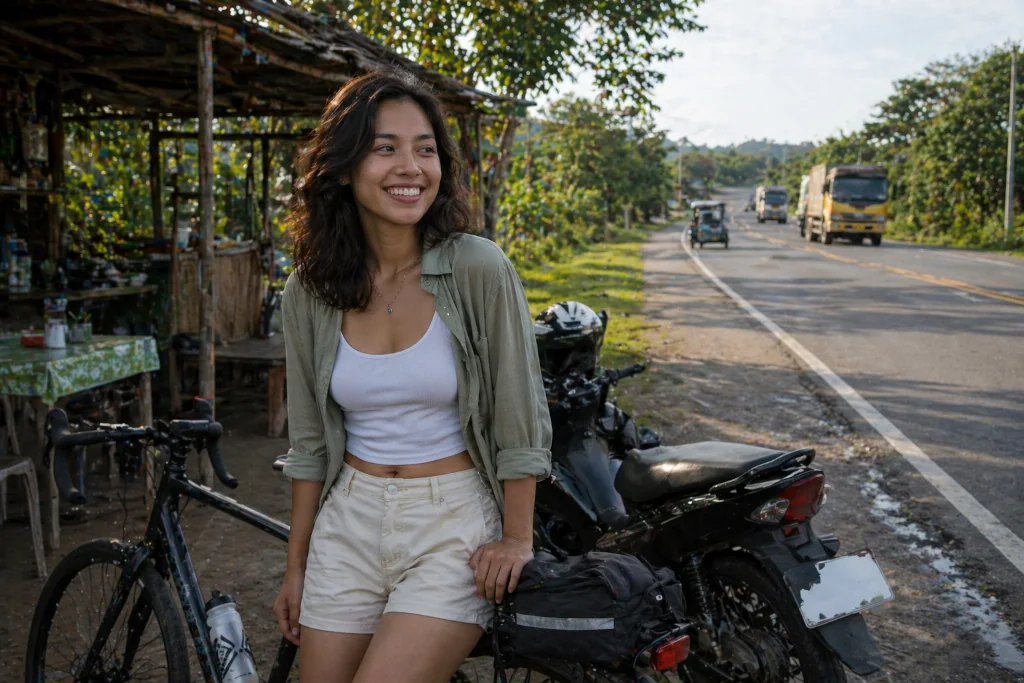Mika Santos smiling during a safe rest stop on a Manila to La Union no expressway route.