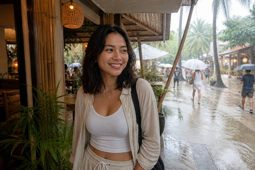 Mika smiling during a calm Boracay rainy day