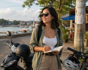 Mika wearing sunglasses while planning the Manila to Hundred Islands motorcycle route near Lucap