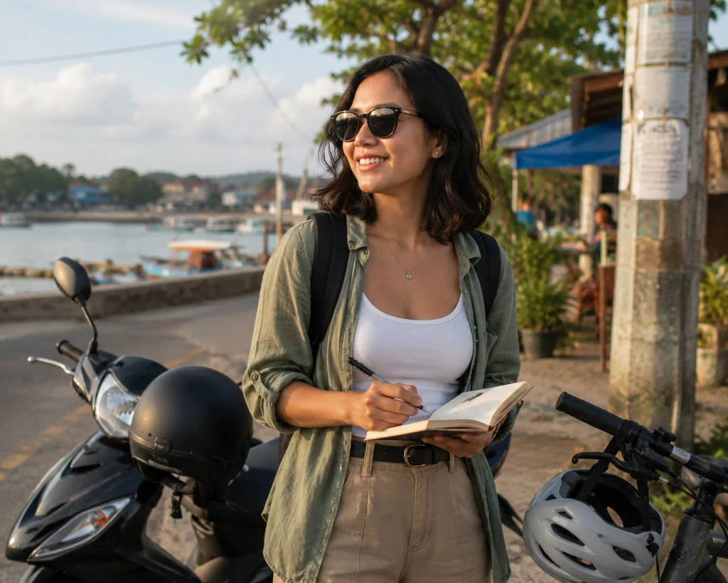 Mika wearing sunglasses while planning the Manila to Hundred Islands motorcycle route near Lucap