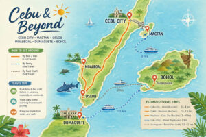 Map-style guide showing common routes to Oslob whale shark watching