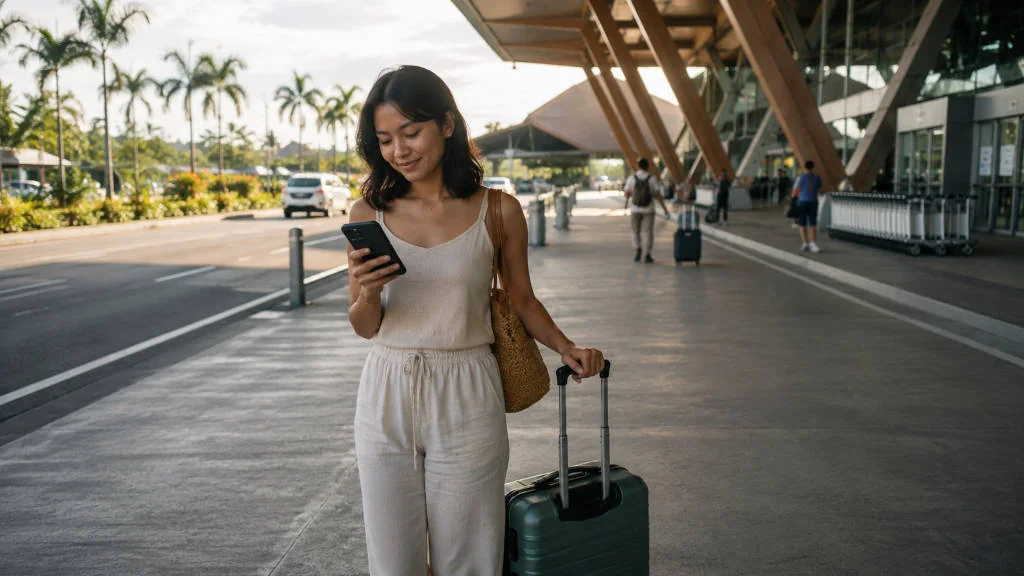 Traveler preparing for a Puerto Princesa to Cebu City flight with saved ticket details