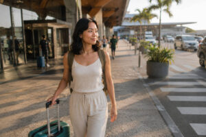 Mika smiling during a calm Puerto Princesa to Cebu City travel day with luggage
