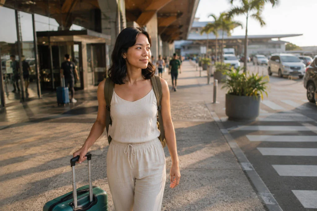 Mika smiling during a calm Puerto Princesa to Cebu City travel day with luggage
