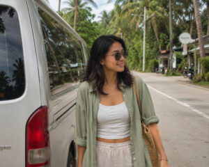Mika smiling near a van after a siargao airport to general luna transfer