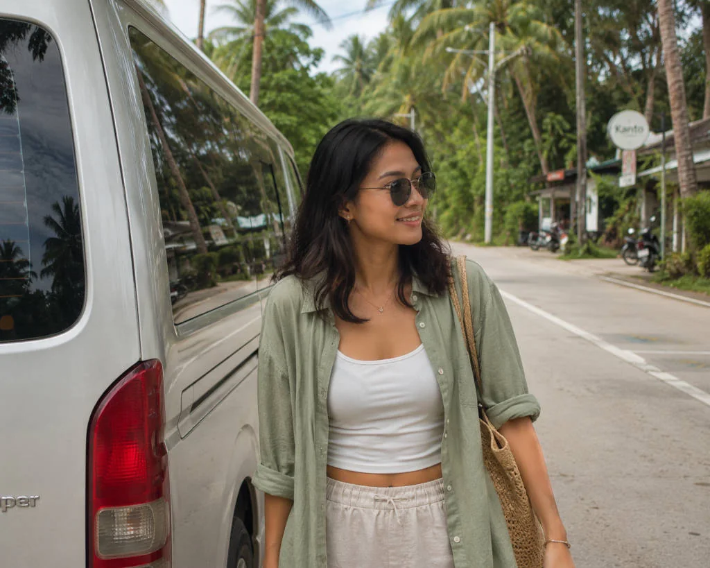 Mika smiling near a van after a siargao airport to general luna transfer
