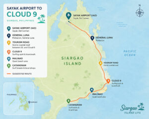 Route overview for a siargao airport to general luna transfer in Siargao