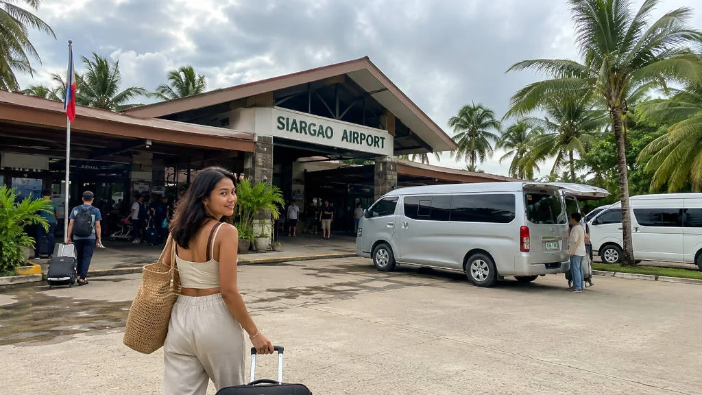 Shared vans waiting near Siargao Airport for a siargao airport to general luna transfer