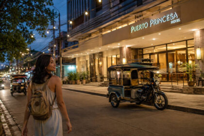 Solo travel Puerto Princesa traveler walking calmly with city transport nearby