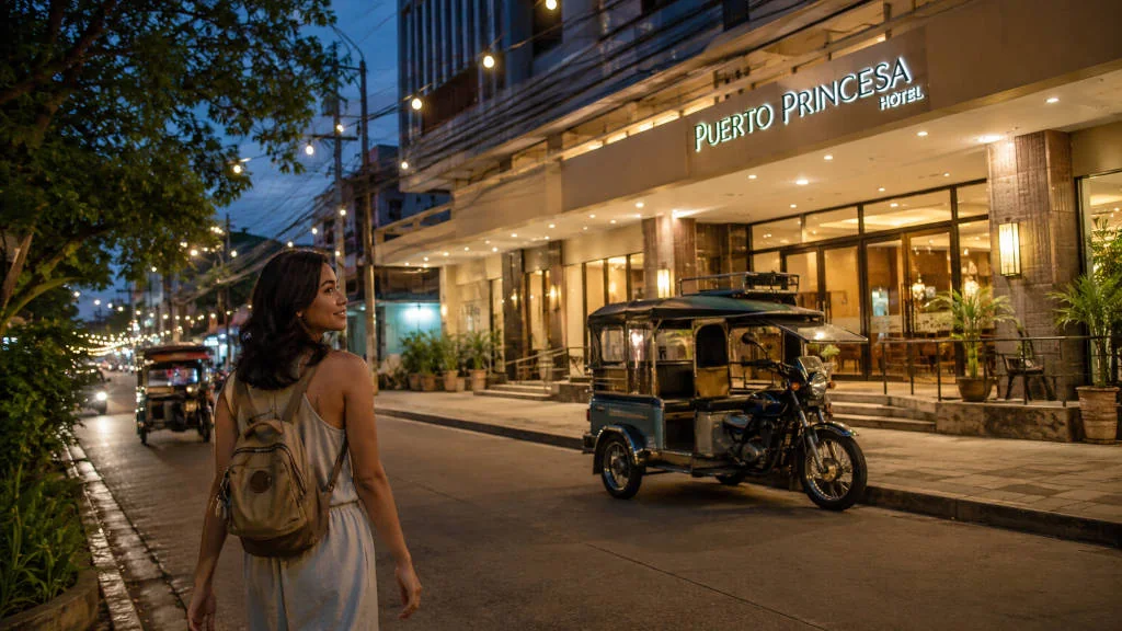 Solo travel Puerto Princesa traveler walking calmly with city transport nearby
