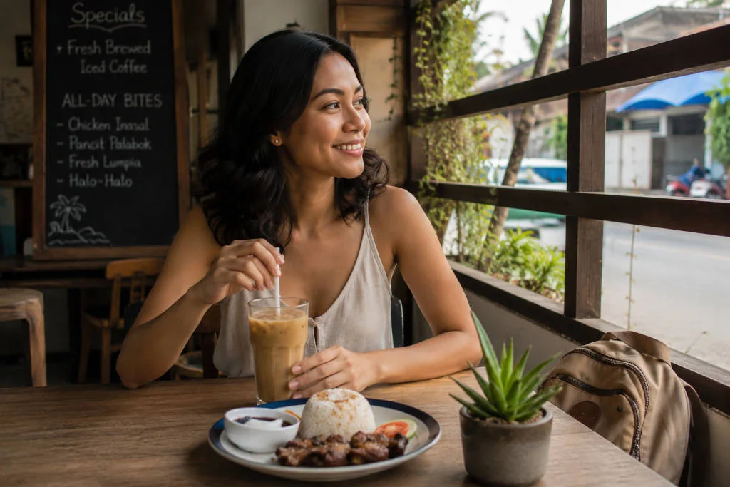 Mika smiling during a relaxed solo travel Puerto Princesa meal break