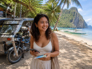 Mika smiling near a beach path while planning things to do in El Nido