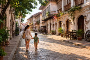 Parents exploring Calle Crisologo in Vigan with kids at an easy pace
