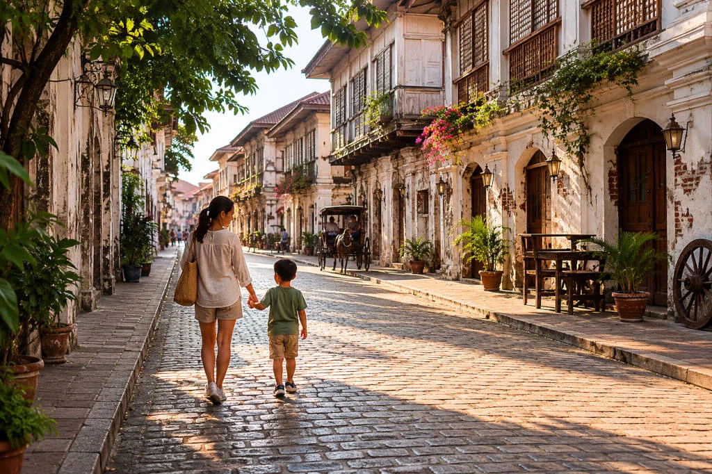 Parents exploring Calle Crisologo in Vigan with kids at an easy pace