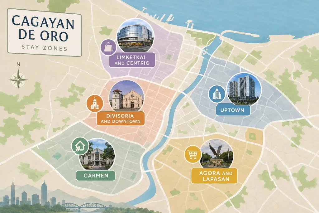 where to stay in Cagayan de Oro map-style breakdown of city stay zones