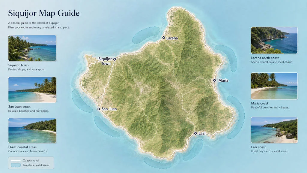 Map-style guide to where to stay in Siquijor by area