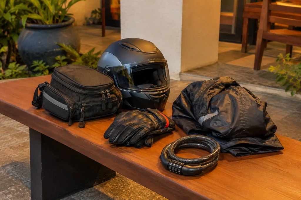Where to stay in Subic for riders arrival checklist with helmet, lock, rain jacket, and travel bag