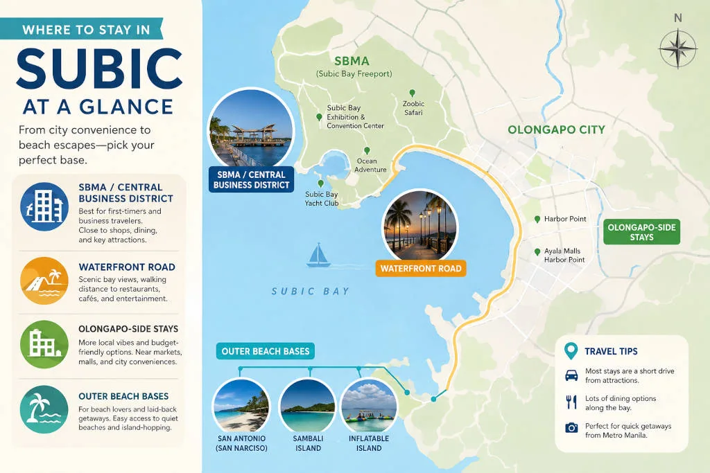 Where to stay in Subic for riders map comparing SBMA, waterfront, Olongapo, and beach bases