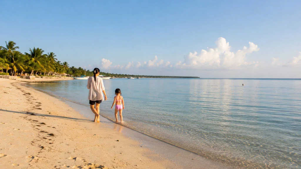 Bantayan Island with kids beach walk on a calm morning