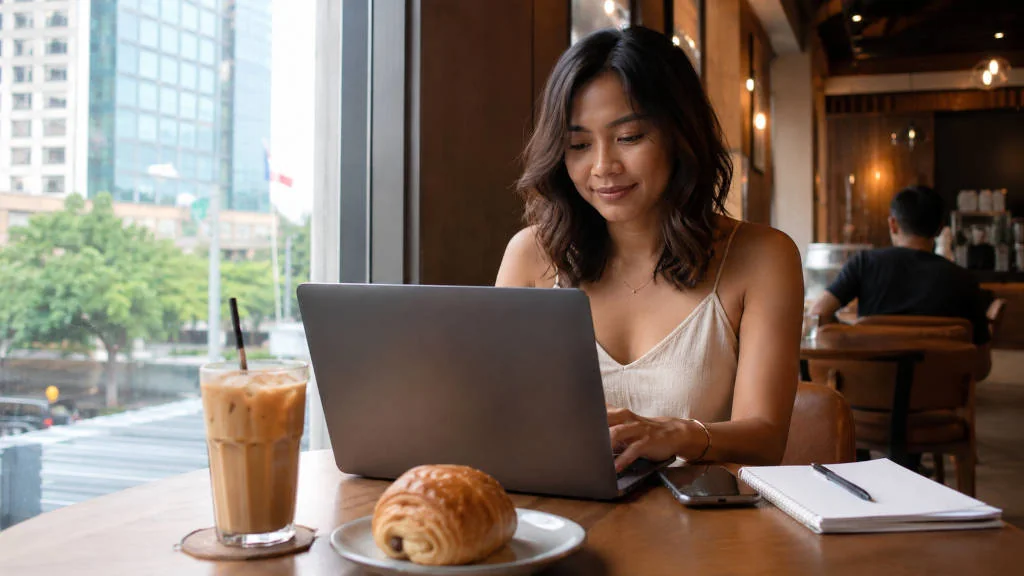 Laptop and iced coffee on a calm café table for best cafes in Cebu City