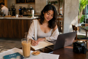 Mika smiling with coffee and notes while exploring best cafes in Cebu City