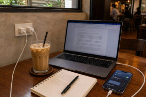 Café table with laptop charger showing outlet reality at best cafes in Cebu City