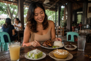 Mika smiling during a Bacolod food stop with chicken inasal and local desserts