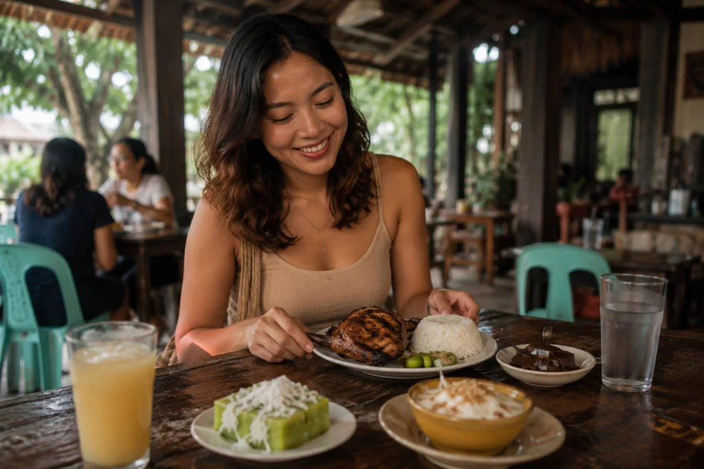 Mika smiling during a Bacolod food stop with chicken inasal and local desserts