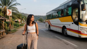 Traveler preparing for the Cebu City to Moalboal route with luggage near a southbound bus