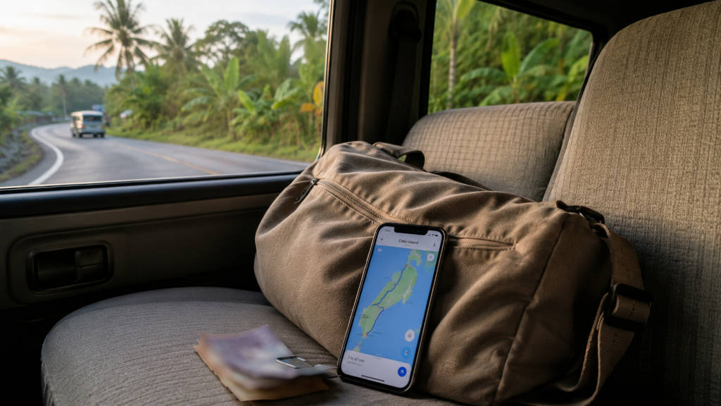 Cebu City to Moalboal travel planning with luggage and route map