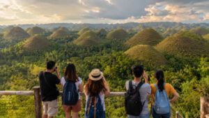 Chocolate Hills stop on a Bohol countryside tour route